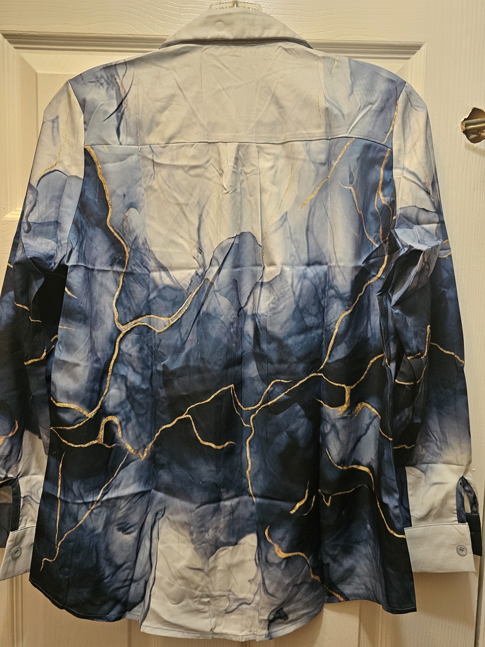 New Women’s Blue Marble Print Button-Up Shirt with Gold Accents - Picture 4 of 4